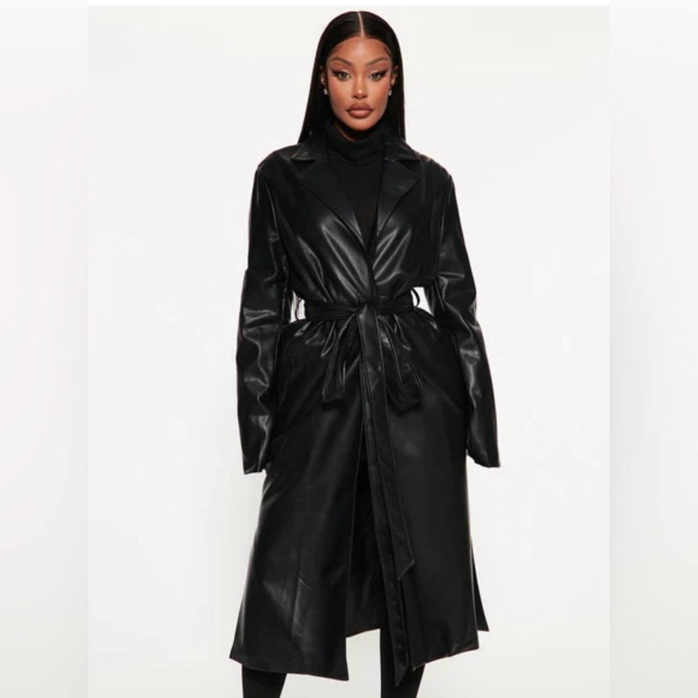 Fashion Nova Black Faux Leather Trench Coat